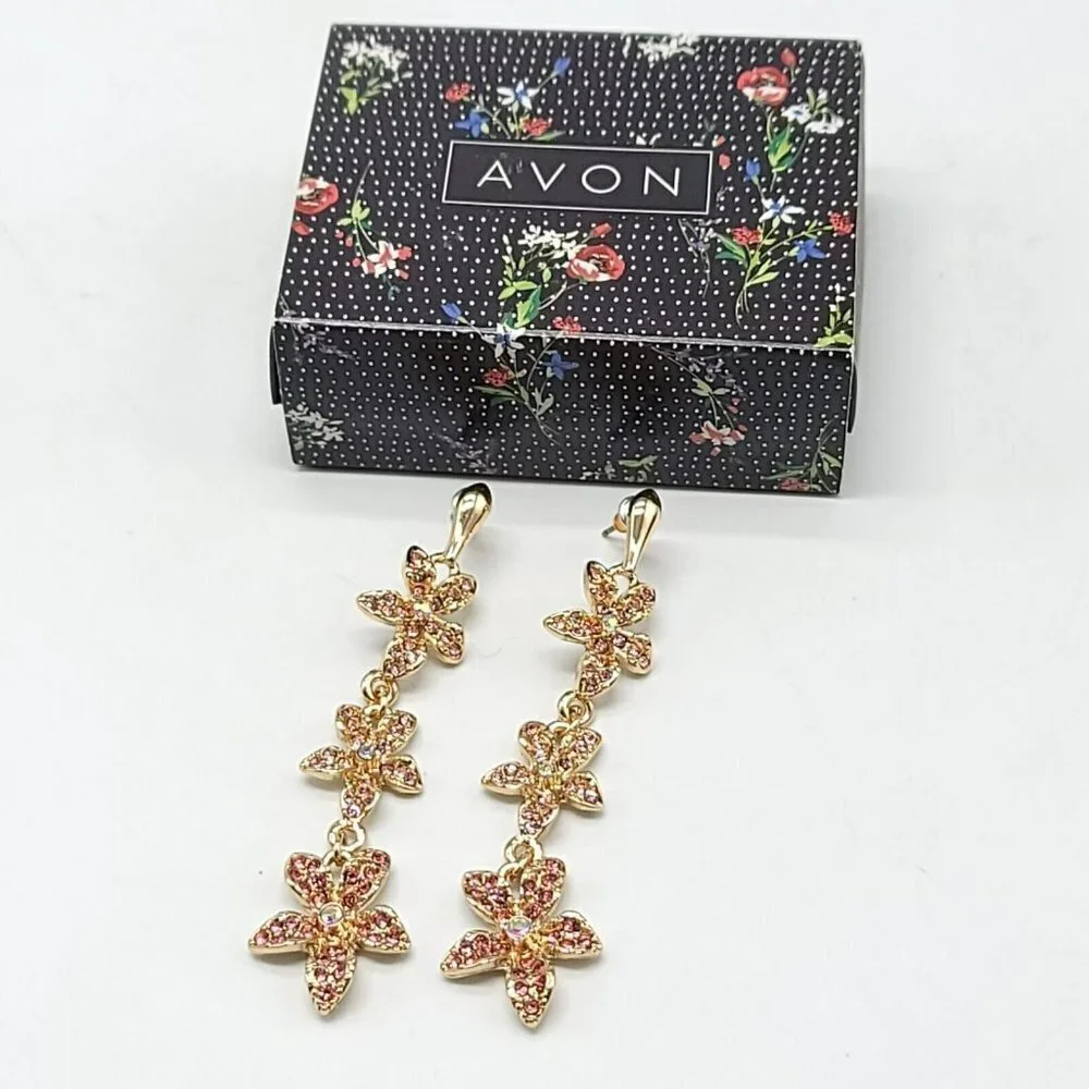 Avon Garden Party Statement Earrings Pink Rhinestone Dangle Flowers NIB 2019